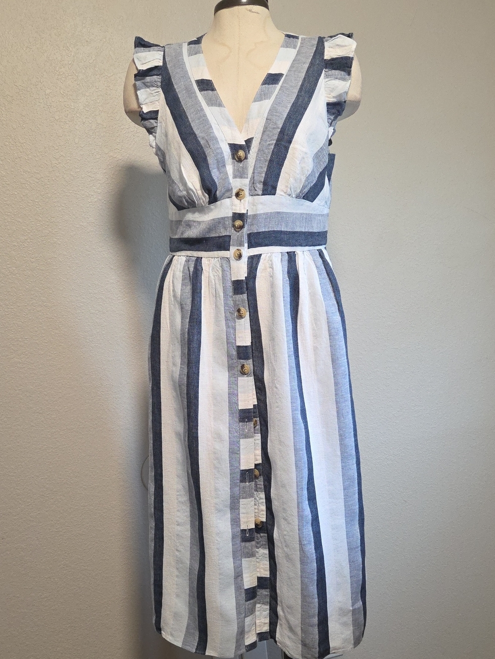 Point Sur Blue and White Striped V-Neck Midi Dress with Button Front